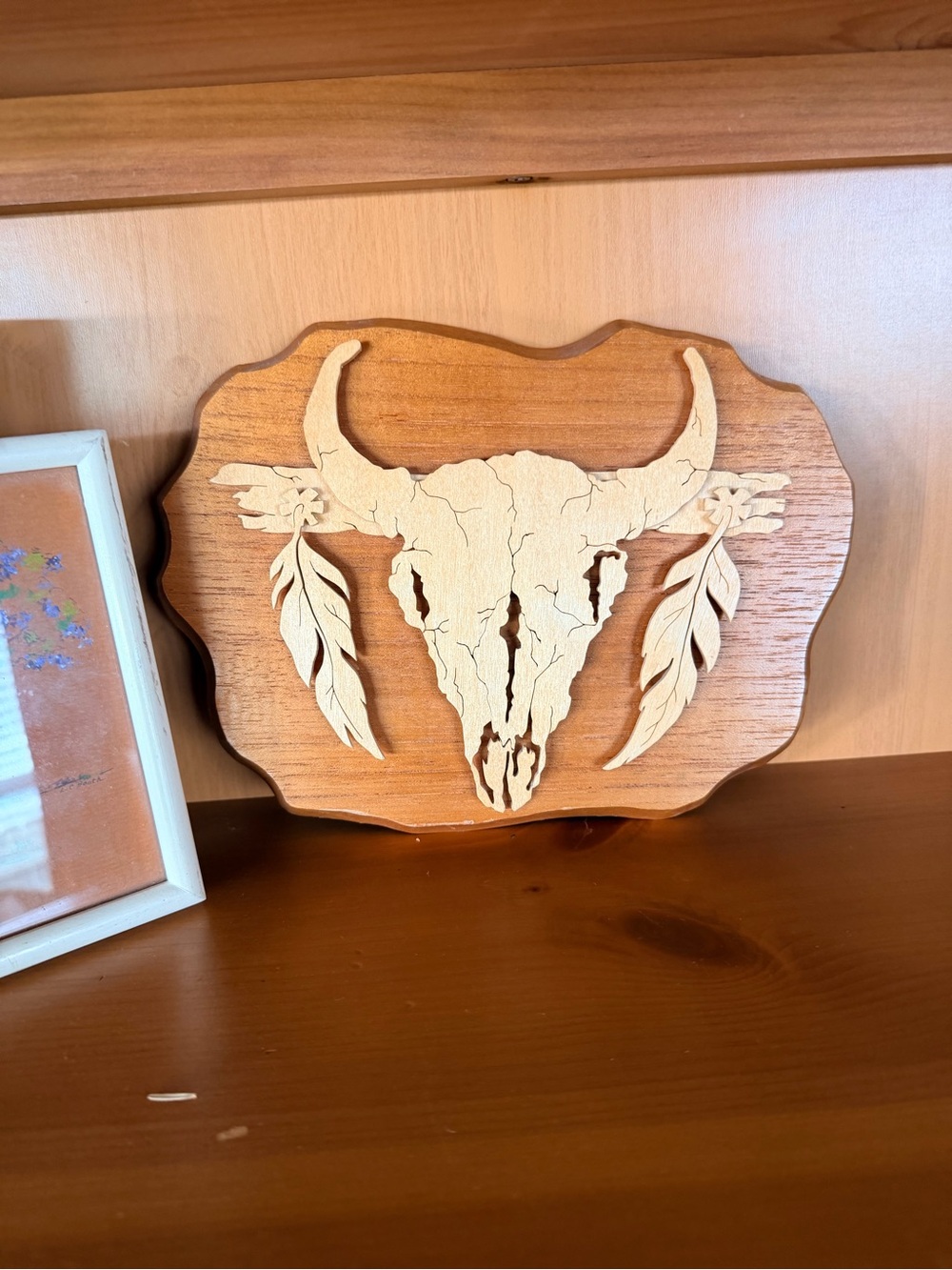 Wooden Longhorn Skull Wall Art Plaque